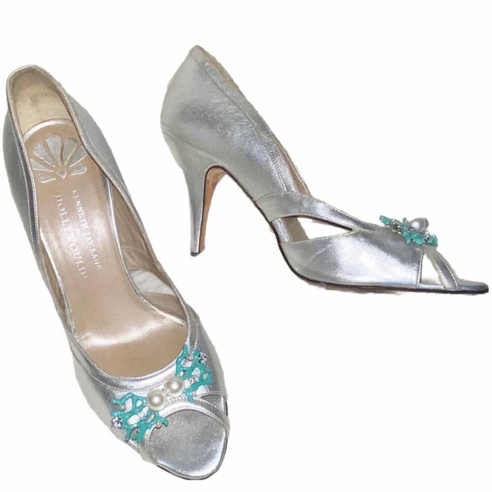 8.5 VTG Kenneth Jay Lane HOLLYWOULD Metallic Silver Mermaid Peep Toe Pearl Heels